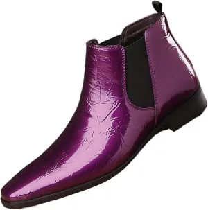 Men's Patent Leather Low Chunky Heel Chelsea Boots Fashion High Gloss Slip-on Business Dress Oxford Boots for Wedding Prom Party Business Work