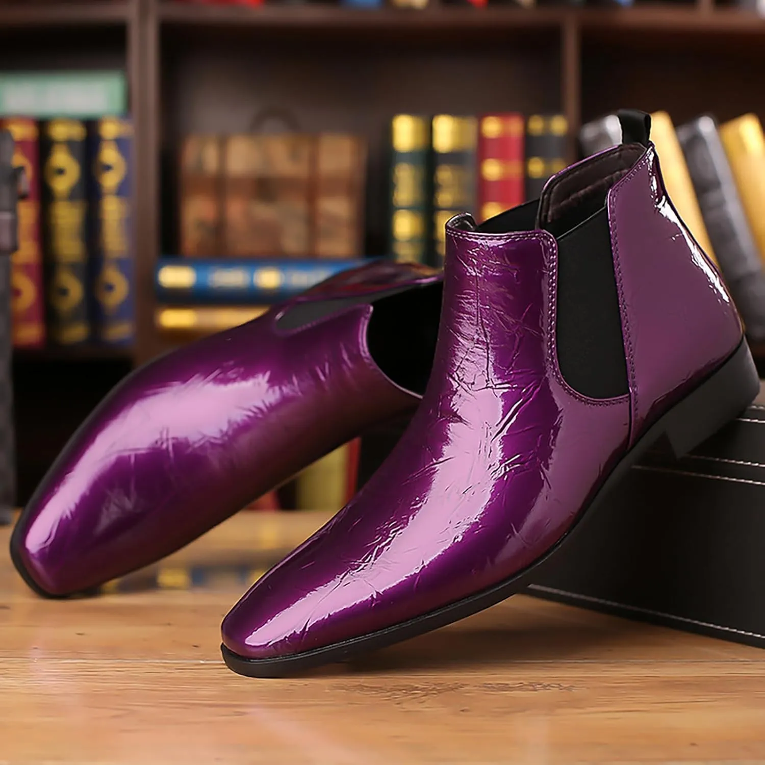 Men's Patent Leather Low Chunky Heel Chelsea Boots Fashion High Gloss Slip-on Business Dress Oxford Boots for Wedding Prom Party Business Work