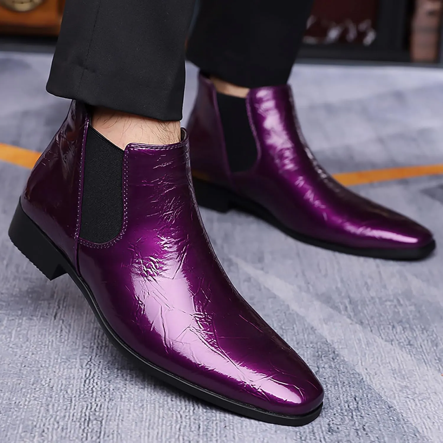 Men's Patent Leather Low Chunky Heel Chelsea Boots Fashion High Gloss Slip-on Business Dress Oxford Boots for Wedding Prom Party Business Work