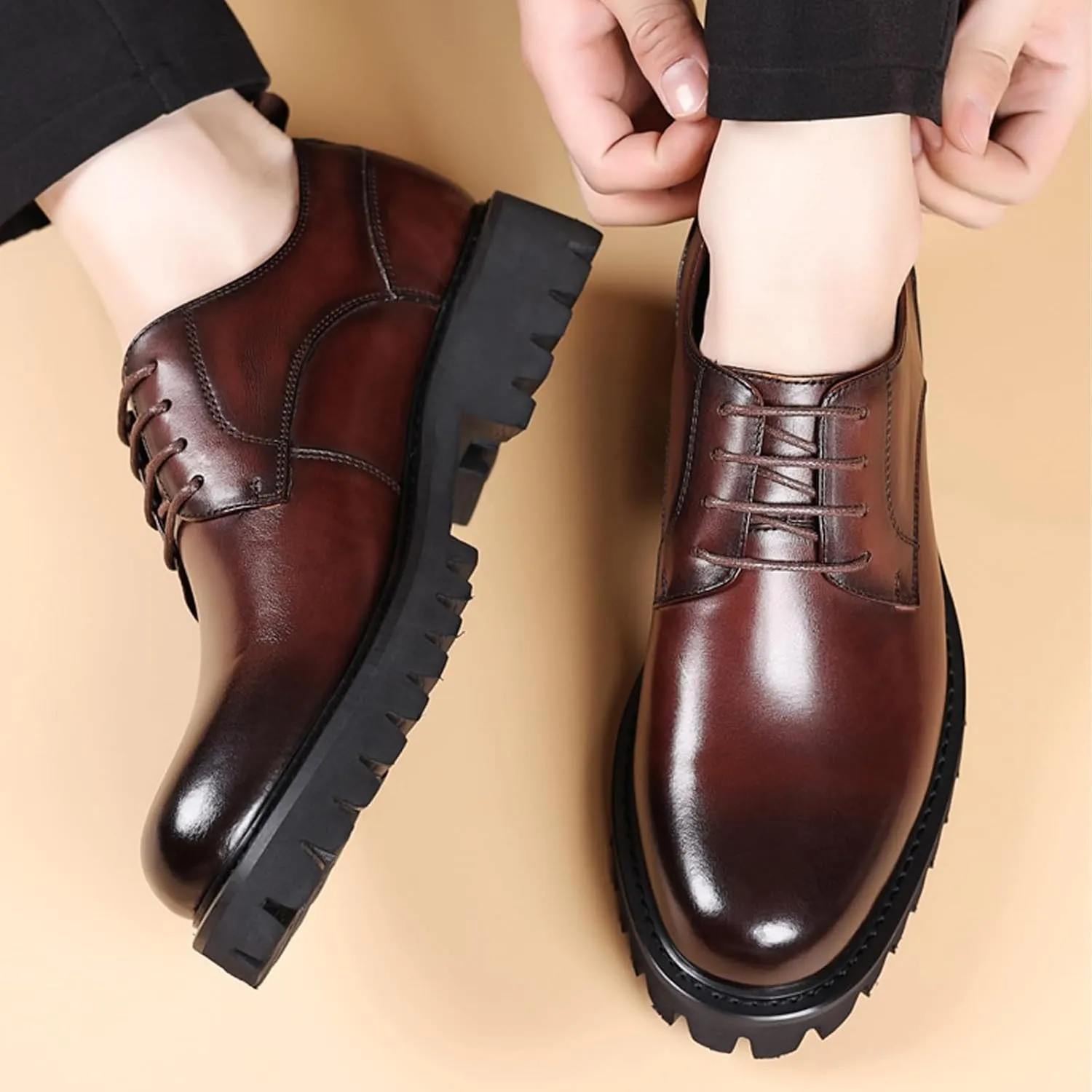 Men's Patent Leather Platform Oxford Shoes Classic Lace-up Lug Sole Business Dress Shoes Casual Block Heel Soft Bottom Comfortable Formal Oxfords