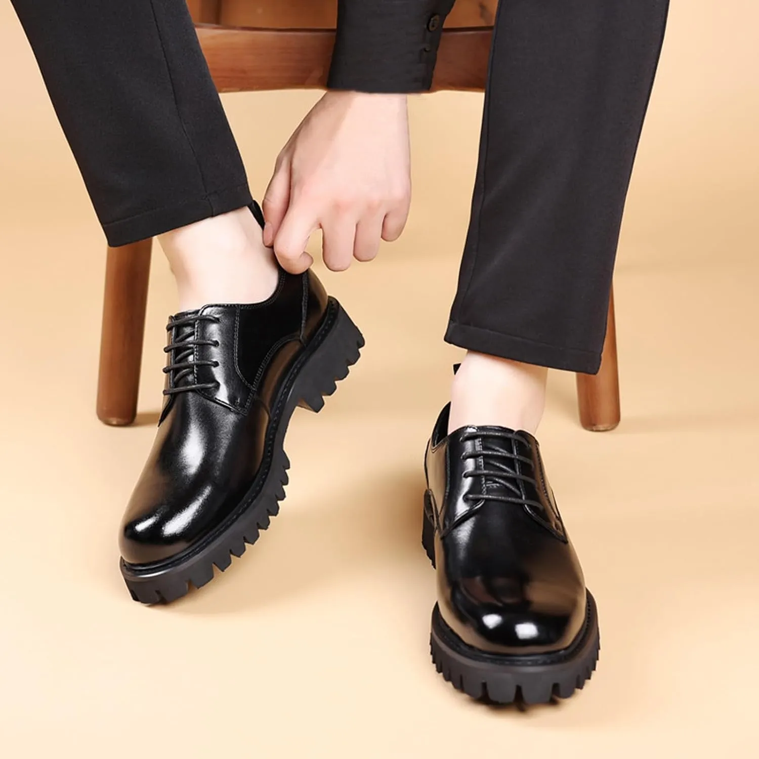 Men's Patent Leather Platform Oxford Shoes Classic Lace-up Lug Sole Business Dress Shoes Casual Block Heel Soft Bottom Comfortable Formal Oxfords