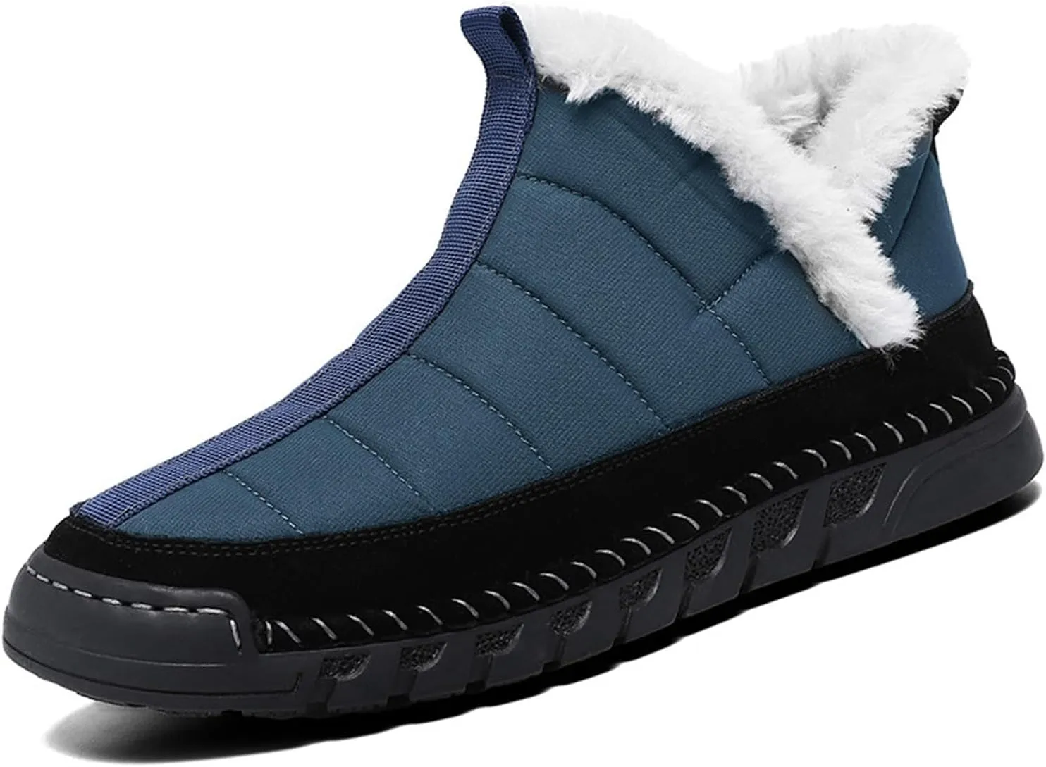 Mens Waterproof Warm Slip-on Snow Boots Hand Stitched Fur Lined Outdoor Lightweight Non-Slip Hiking Boot Winter Casual Ankle Boots