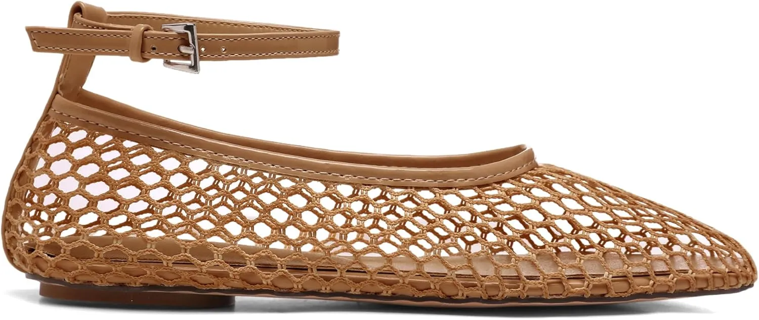 Mesh Ballet Flats for Women Metal Buckle Mary Jane Flats Comfortable Dressy Ballerina Fishnet Shoes with Ankle Bracelet