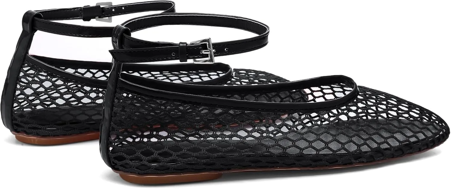 Mesh Ballet Flats for Women Metal Buckle Mary Jane Flats Comfortable Dressy Ballerina Fishnet Shoes with Ankle Bracelet