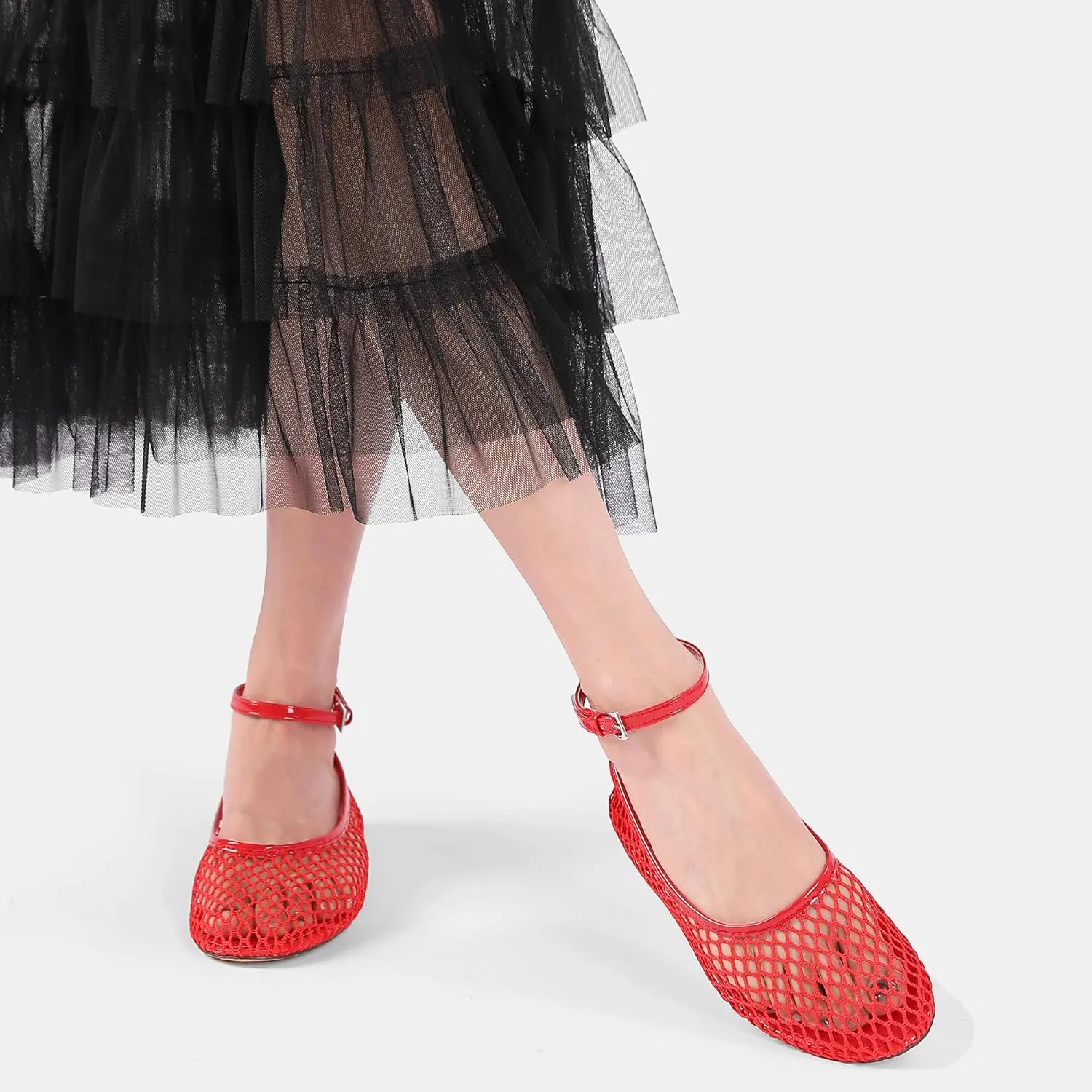 Mesh Ballet Flats for Women Metal Buckle Mary Jane Flats Comfortable Dressy Ballerina Fishnet Shoes with Ankle Bracelet