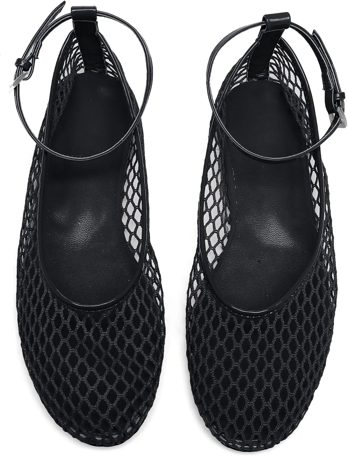 Mesh Ballet Flats for Women Metal Buckle Mary Jane Flats Comfortable Dressy Ballerina Fishnet Shoes with Ankle Bracelet