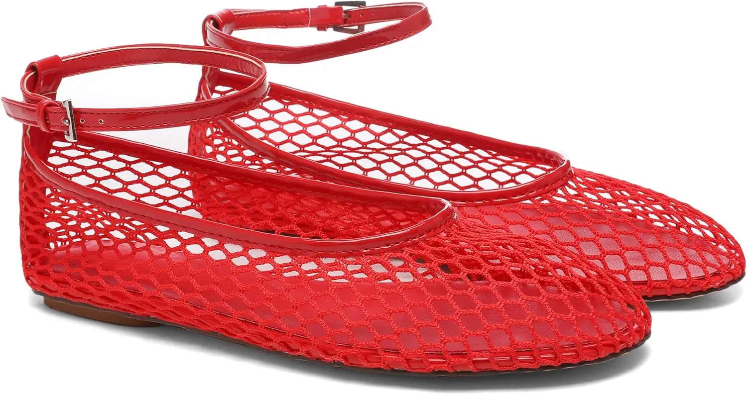Mesh Ballet Flats for Women Metal Buckle Mary Jane Flats Comfortable Dressy Ballerina Fishnet Shoes with Ankle Bracelet