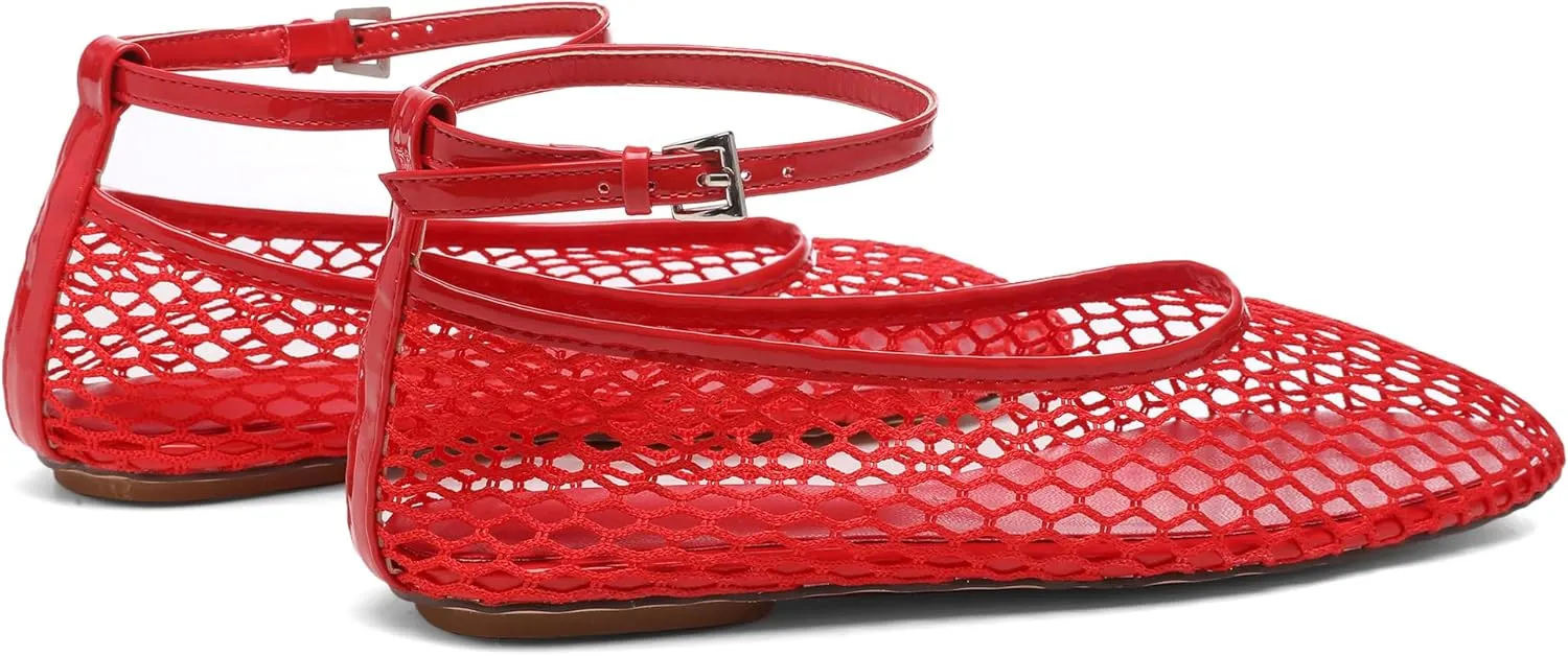 Mesh Ballet Flats for Women Metal Buckle Mary Jane Flats Comfortable Dressy Ballerina Fishnet Shoes with Ankle Bracelet