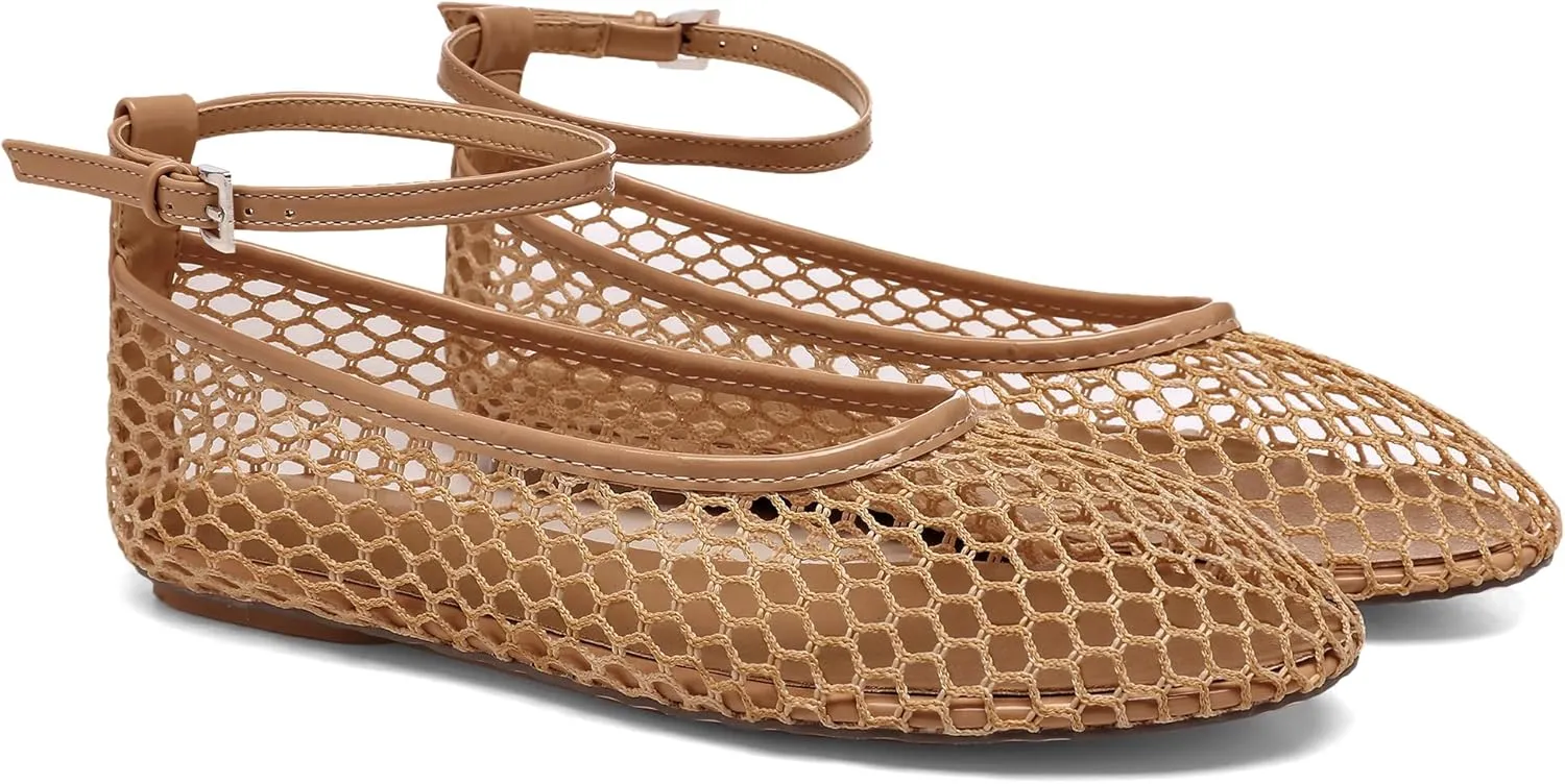 Mesh Ballet Flats for Women Metal Buckle Mary Jane Flats Comfortable Dressy Ballerina Fishnet Shoes with Ankle Bracelet
