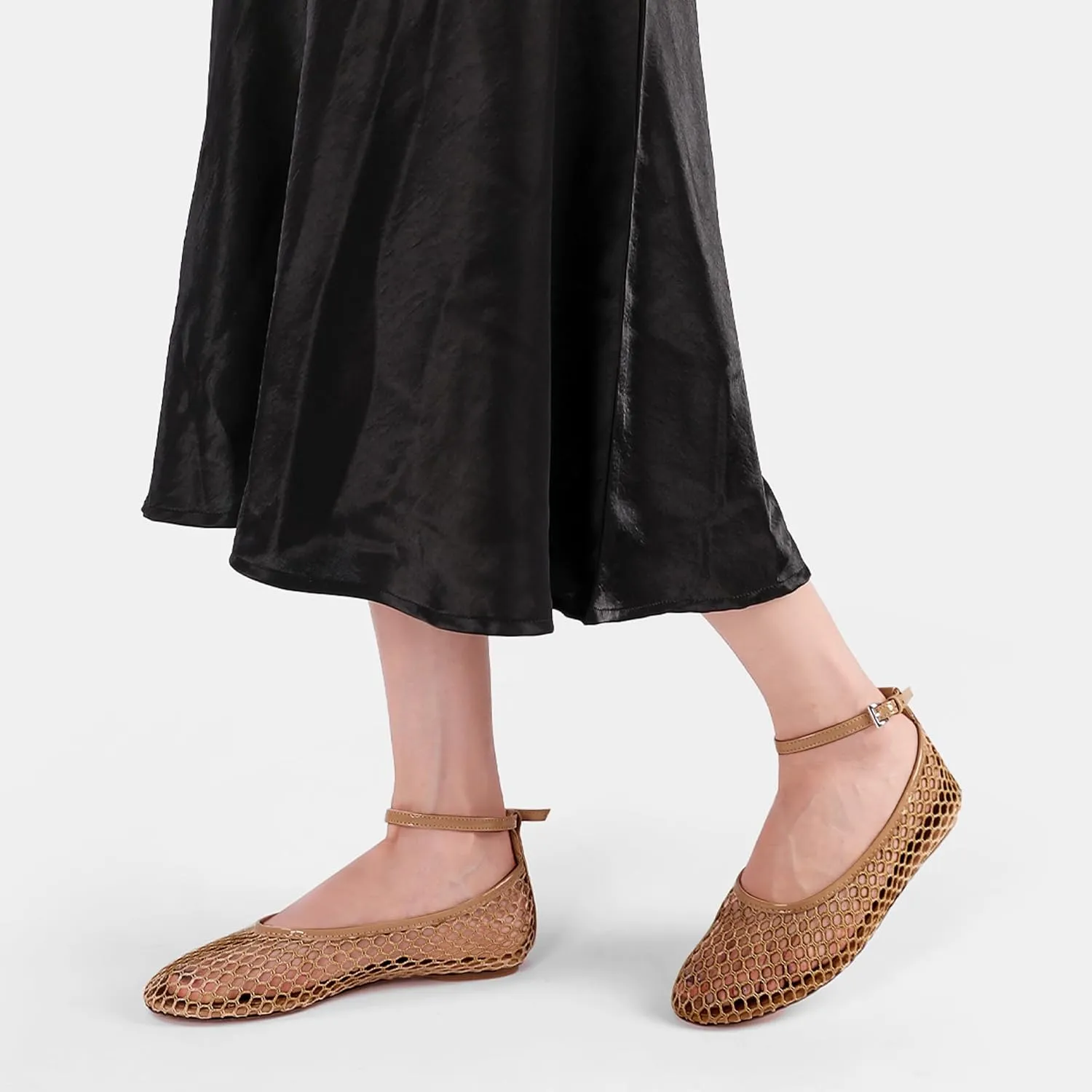 Mesh Ballet Flats for Women Metal Buckle Mary Jane Flats Comfortable Dressy Ballerina Fishnet Shoes with Ankle Bracelet