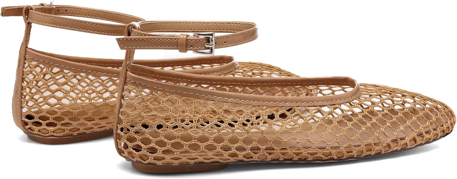 Mesh Ballet Flats for Women Metal Buckle Mary Jane Flats Comfortable Dressy Ballerina Fishnet Shoes with Ankle Bracelet