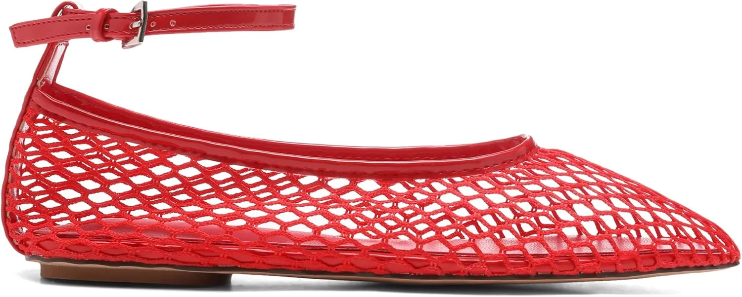 Mesh Ballet Flats for Women Metal Buckle Mary Jane Flats Comfortable Dressy Ballerina Fishnet Shoes with Ankle Bracelet