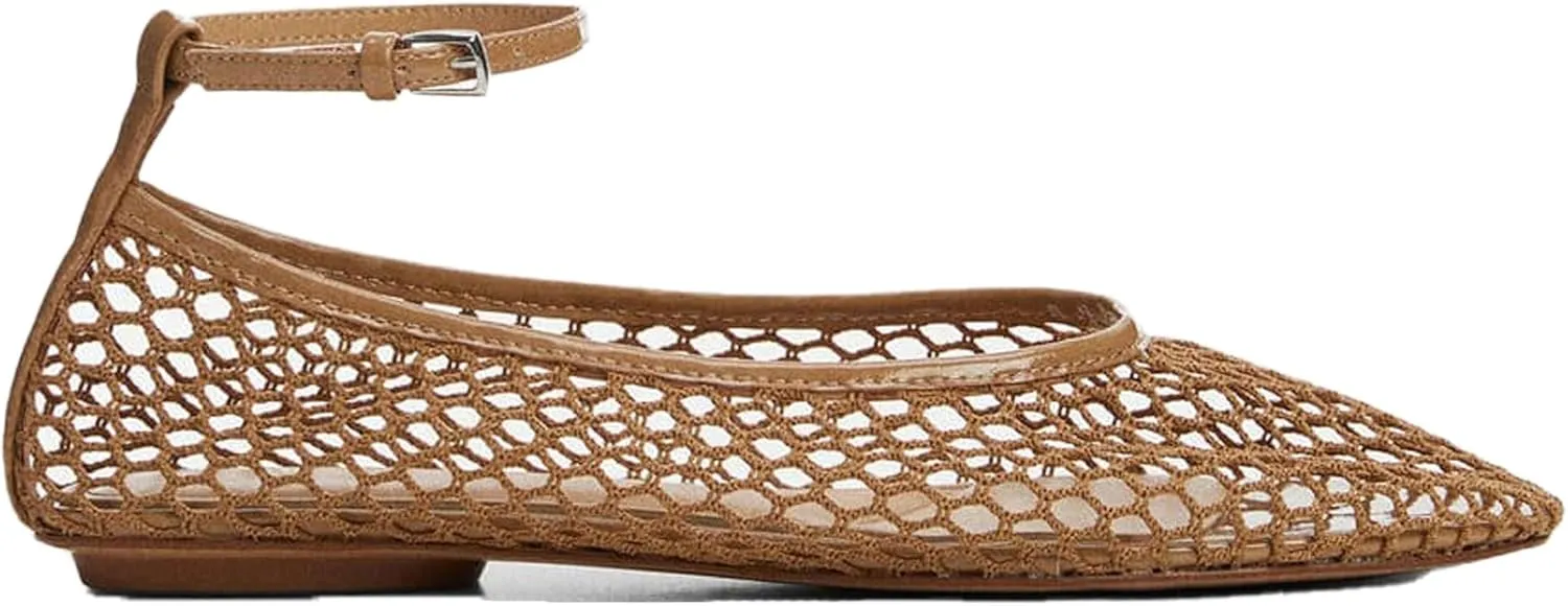 Mesh Ballet Flats for Women Metal Buckle Mary Jane Flats Comfortable Dressy Ballerina Fishnet Shoes with Ankle Bracelet