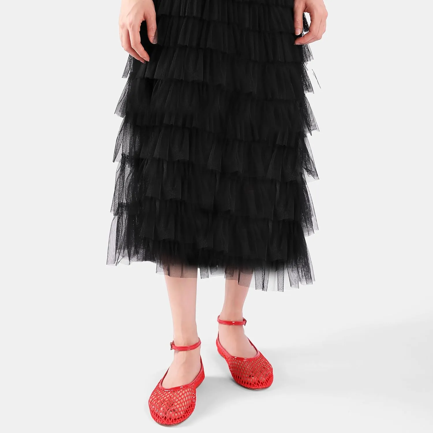 Mesh Ballet Flats for Women Metal Buckle Mary Jane Flats Comfortable Dressy Ballerina Fishnet Shoes with Ankle Bracelet