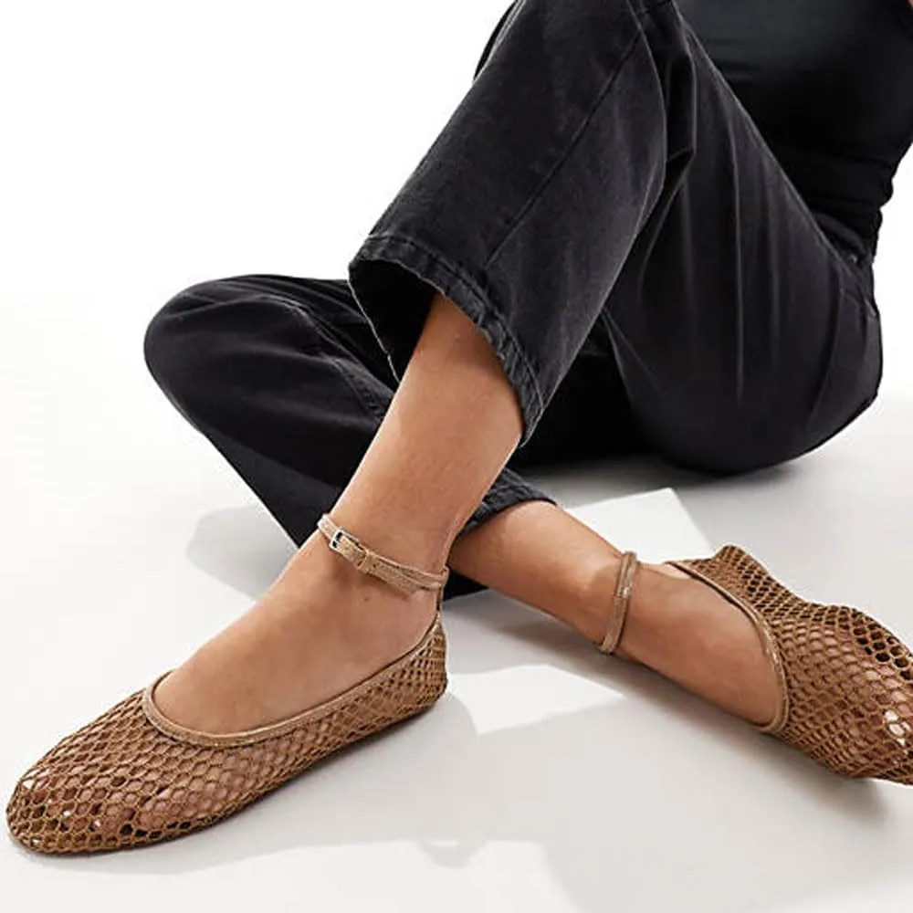 Mesh Ballet Flats for Women Metal Buckle Mary Jane Flats Comfortable Dressy Ballerina Fishnet Shoes with Ankle Bracelet