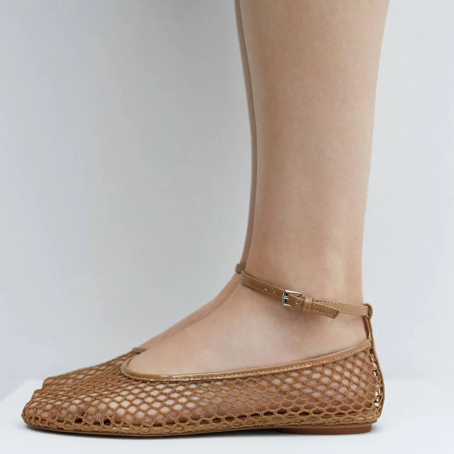 Mesh Ballet Flats for Women Metal Buckle Mary Jane Flats Comfortable Dressy Ballerina Fishnet Shoes with Ankle Bracelet