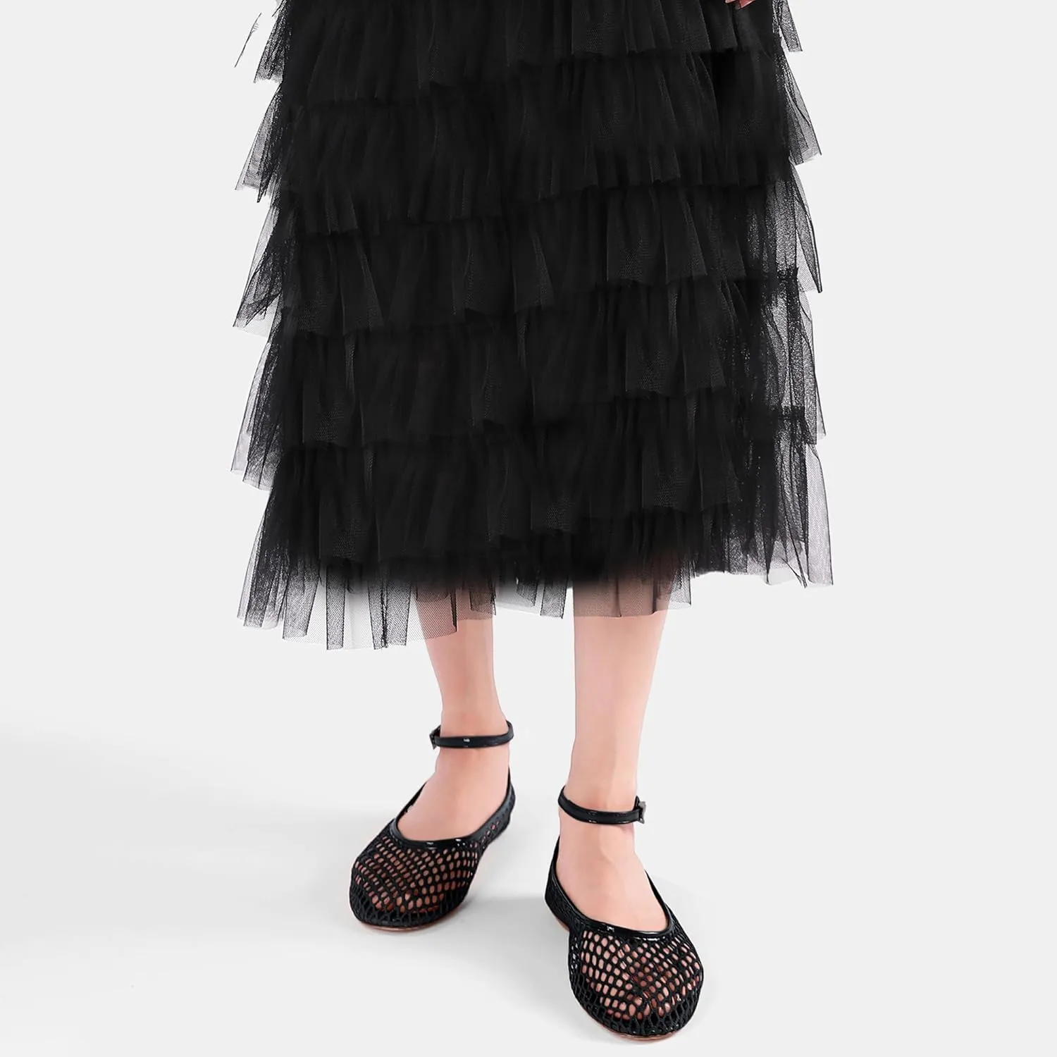 Mesh Ballet Flats for Women Metal Buckle Mary Jane Flats Comfortable Dressy Ballerina Fishnet Shoes with Ankle Bracelet