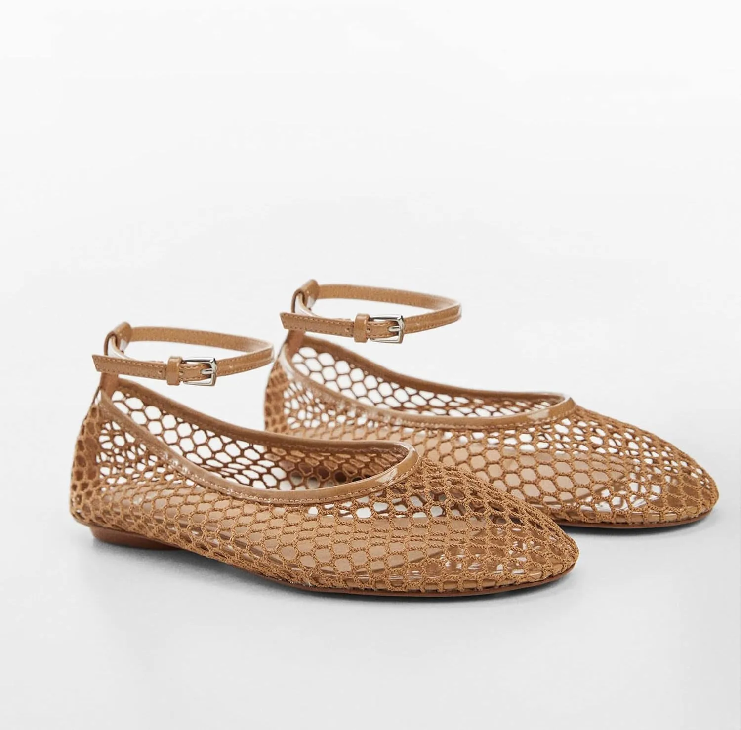 Mesh Ballet Flats for Women Metal Buckle Mary Jane Flats Comfortable Dressy Ballerina Fishnet Shoes with Ankle Bracelet