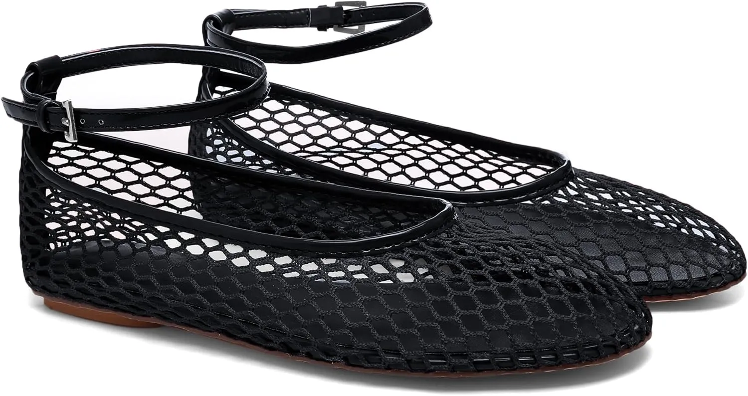 Mesh Ballet Flats for Women Metal Buckle Mary Jane Flats Comfortable Dressy Ballerina Fishnet Shoes with Ankle Bracelet