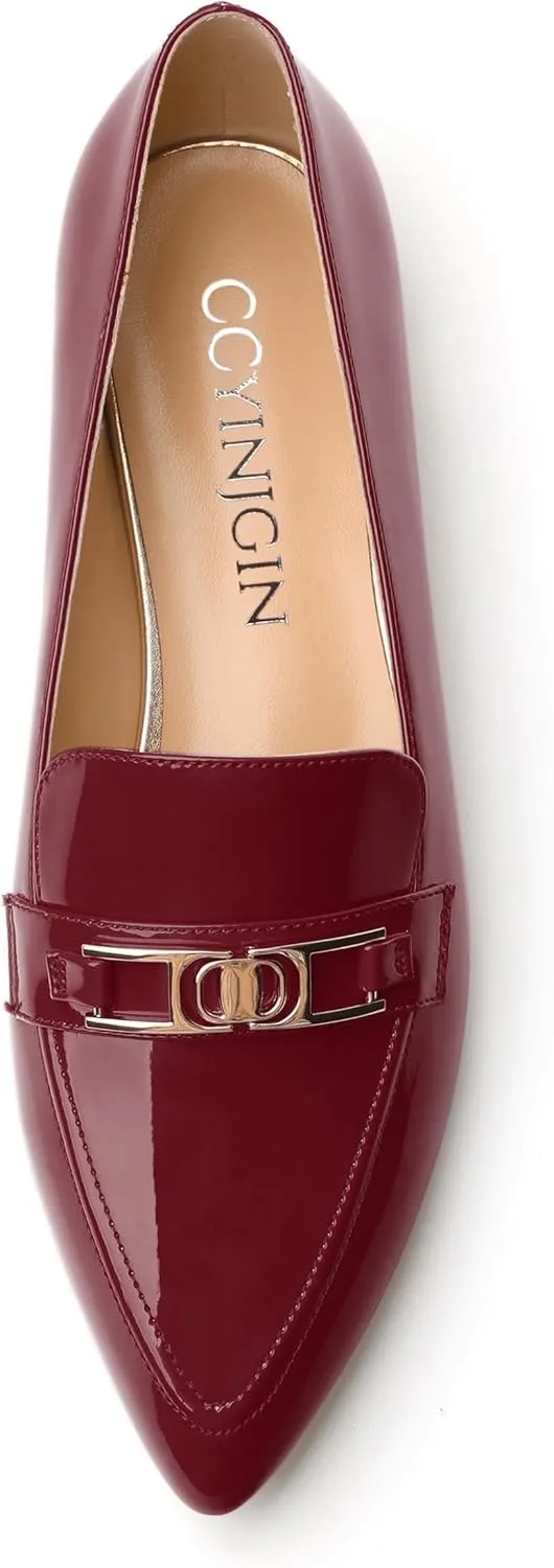 Metal Chain Loafers for Women Pointed Toe Slip on Flats Comfortable Fashion Work Shoes