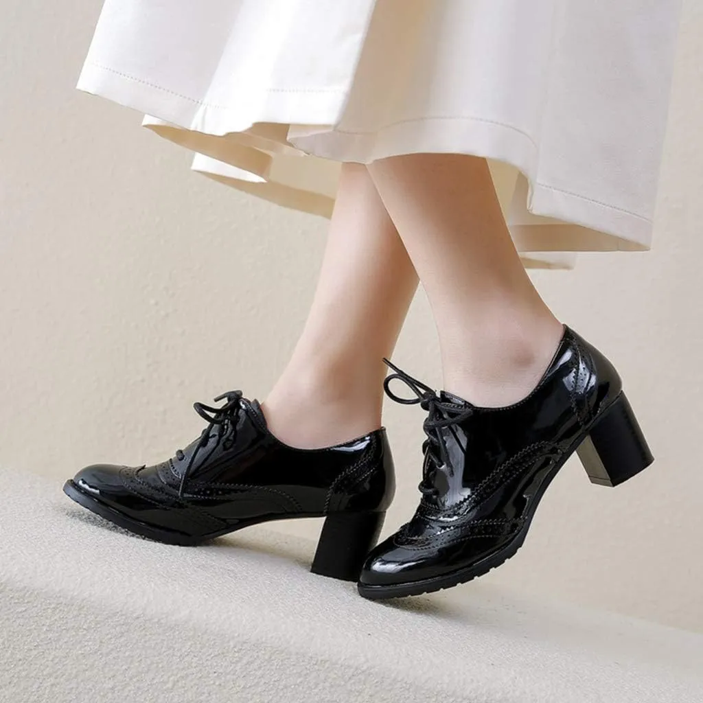 MIOKE Women's Chunky Block Heel Pump Oxfords Wingtip Lace Up Patent Leather Vintage Brogues Dress Shoes