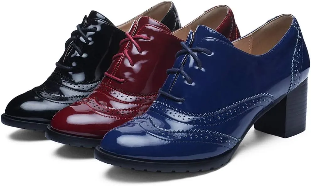 MIOKE Women's Chunky Block Heel Pump Oxfords Wingtip Lace Up Patent Leather Vintage Brogues Dress Shoes