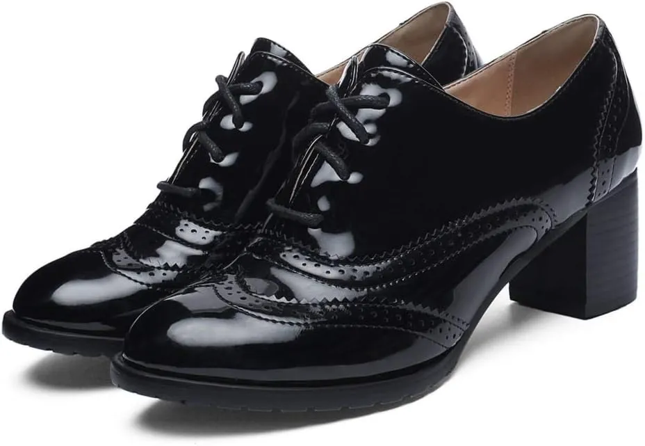 MIOKE Women's Chunky Block Heel Pump Oxfords Wingtip Lace Up Patent Leather Vintage Brogues Dress Shoes