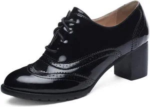 MIOKE Women's Chunky Block Heel Pump Oxfords Wingtip Lace Up Patent Leather Vintage Brogues Dress Shoes