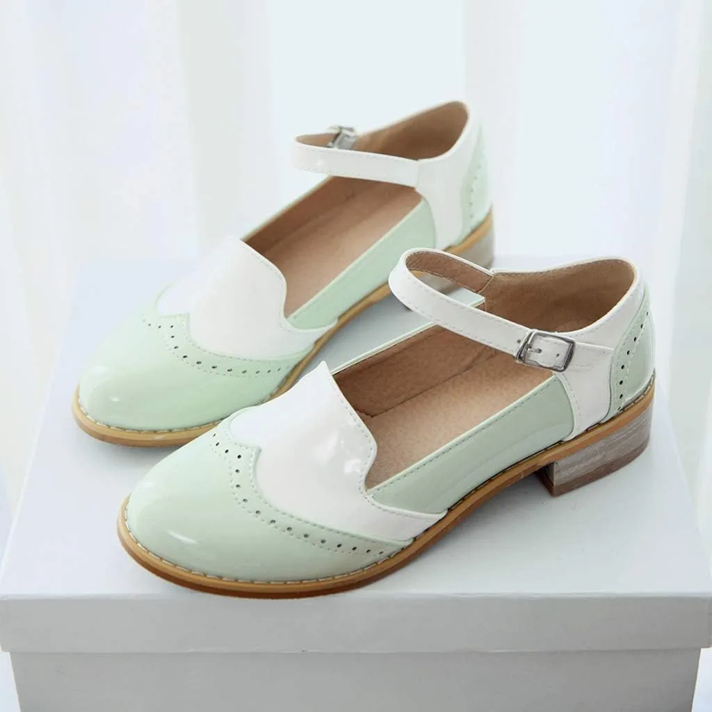 MIOKE Women's Two Tone Flat Mary Jane Oxford Shoes Wingtip Buckle Low Heel Vintage Saddle Oxfords Brogues