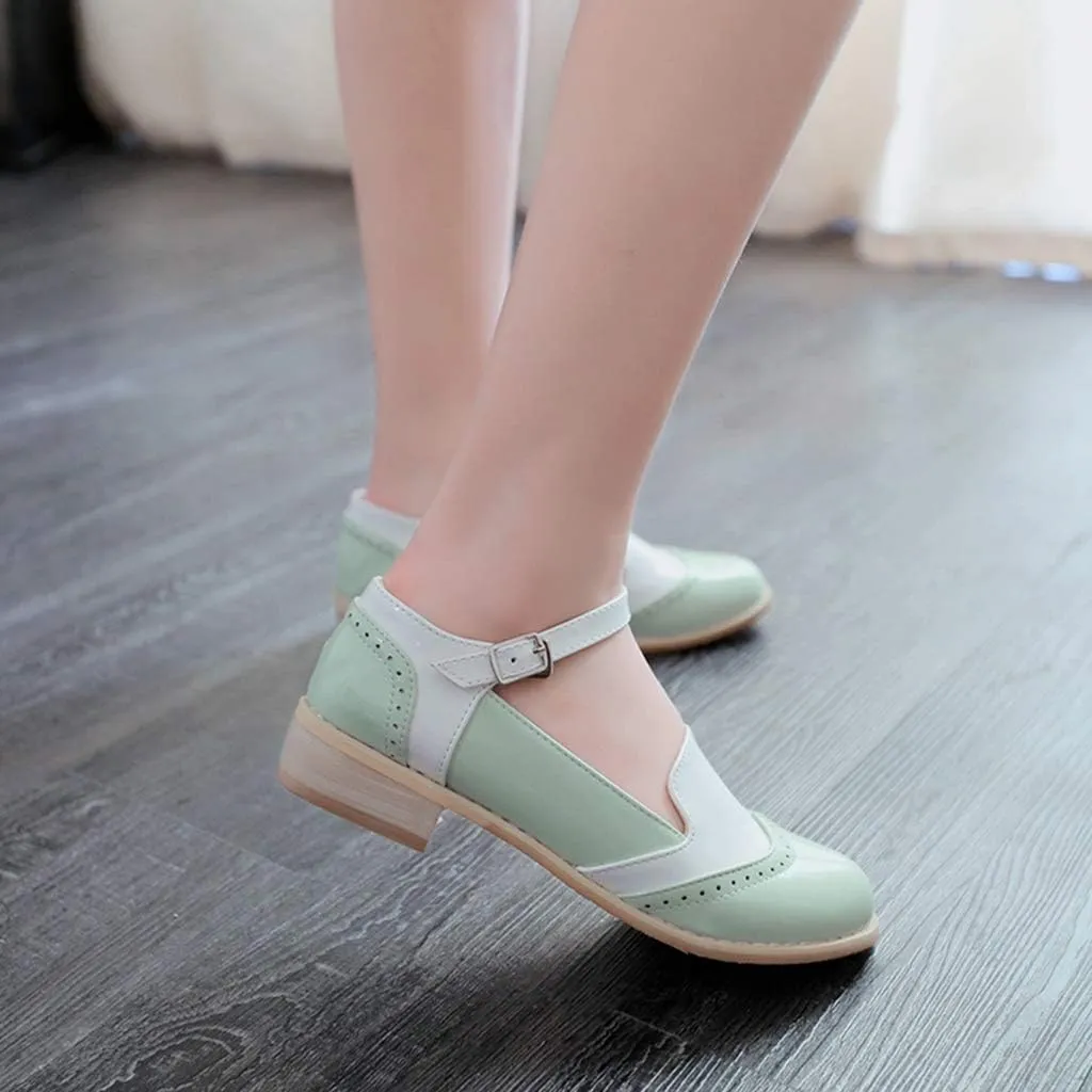 MIOKE Women's Two Tone Flat Mary Jane Oxford Shoes Wingtip Buckle Low Heel Vintage Saddle Oxfords Brogues