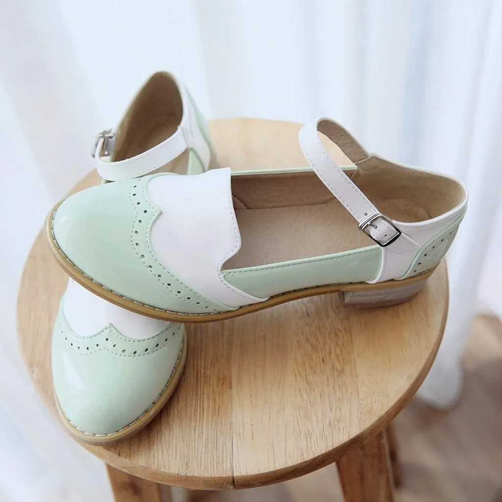 MIOKE Women's Two Tone Flat Mary Jane Oxford Shoes Wingtip Buckle Low Heel Vintage Saddle Oxfords Brogues