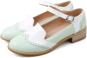 MIOKE Women's Two Tone Flat Mary Jane Oxford Shoes Wingtip Buckle Low Heel Vintage Saddle Oxfords Brogues
