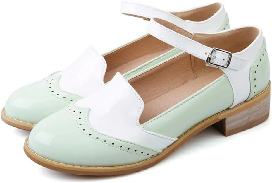 MIOKE Women's Two Tone Flat Mary Jane Oxford Shoes Wingtip Buckle Low Heel Vintage Saddle Oxfords Brogues