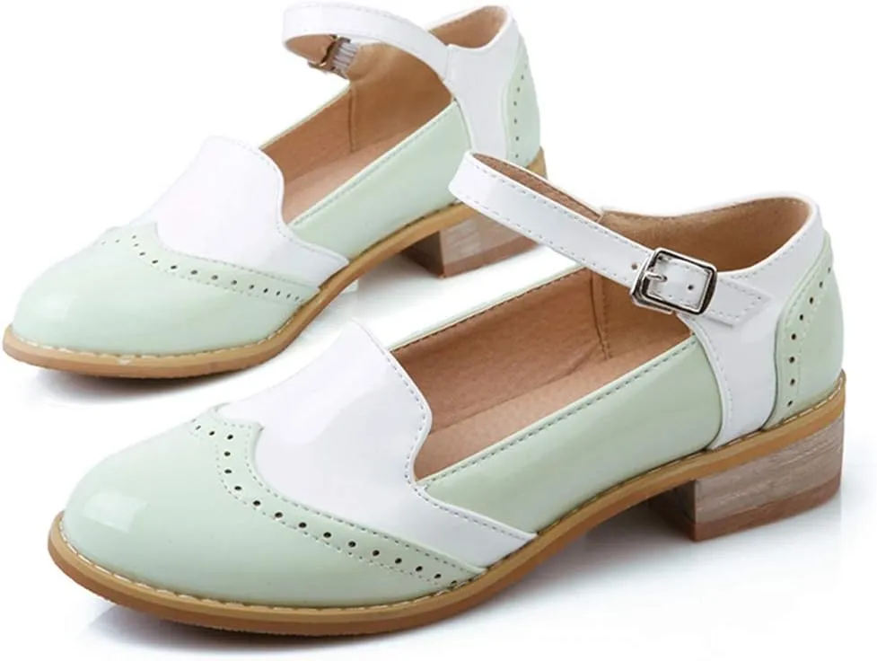 MIOKE Women's Two Tone Flat Mary Jane Oxford Shoes Wingtip Buckle Low Heel Vintage Saddle Oxfords Brogues