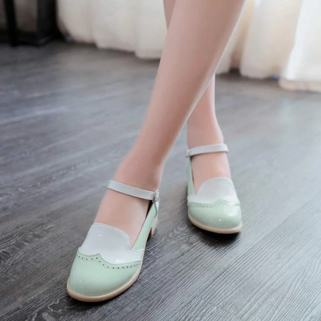 MIOKE Women's Two Tone Flat Mary Jane Oxford Shoes Wingtip Buckle Low Heel Vintage Saddle Oxfords Brogues