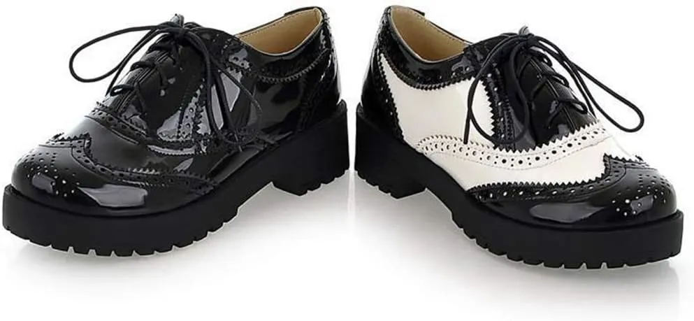 MIOKE Women's Two Tone Lace Up Oxfords Shoes Patent Leather Round Toe Comfy Low Heel Classic Oxford Brogues