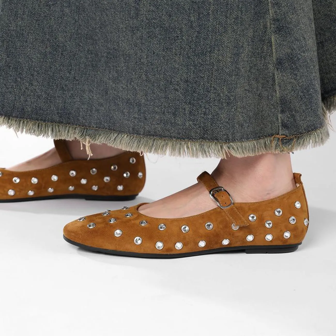 MRKEWUNEY Ballet Flats for Women Rhinestone Rivet Buckled Strap Mary Jane