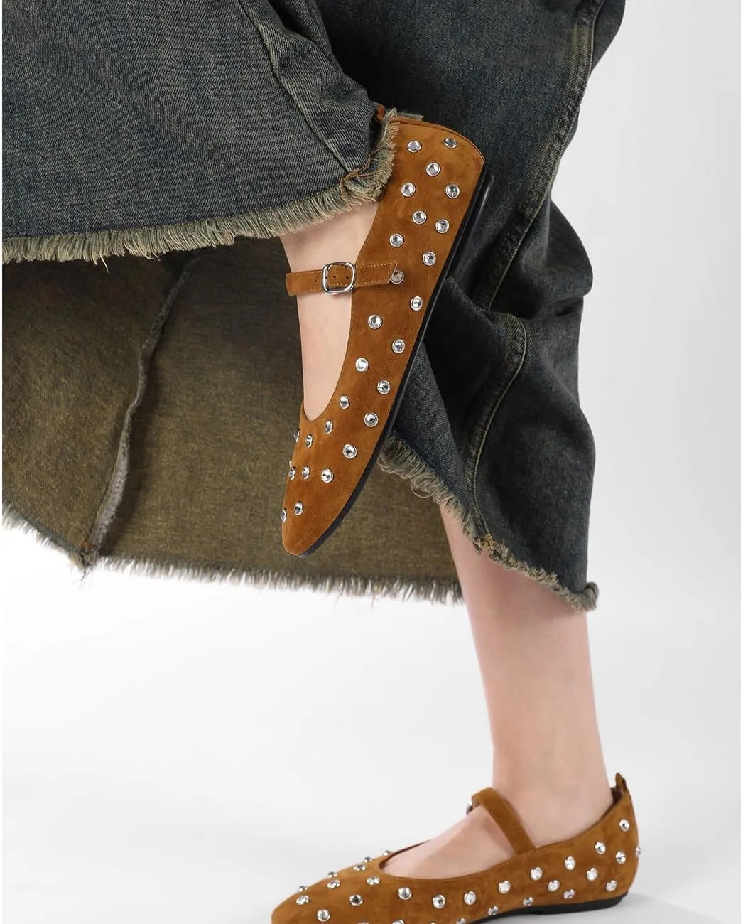 MRKEWUNEY Ballet Flats for Women Rhinestone Rivet Buckled Strap Mary Jane