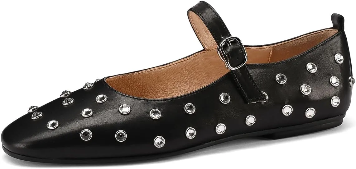 MRKEWUNEY Ballet Flats for Women Rhinestone Rivet Buckled Strap Mary Jane