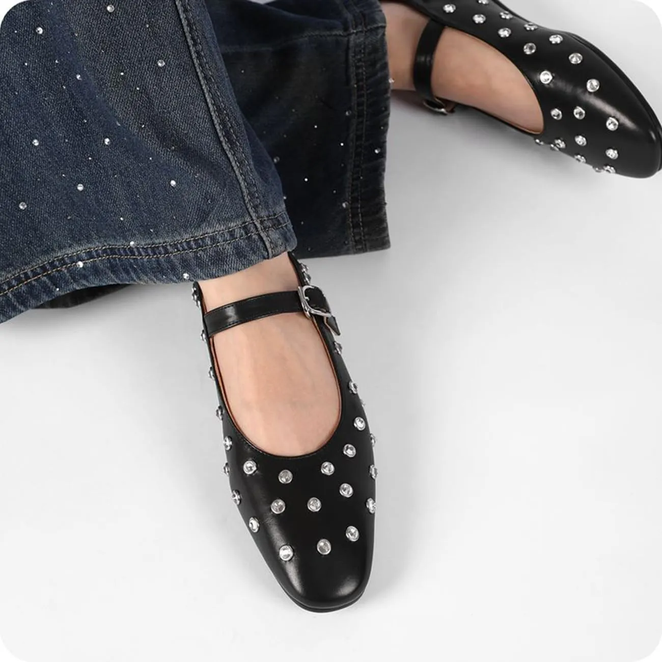 MRKEWUNEY Ballet Flats for Women Rhinestone Rivet Buckled Strap Mary Jane