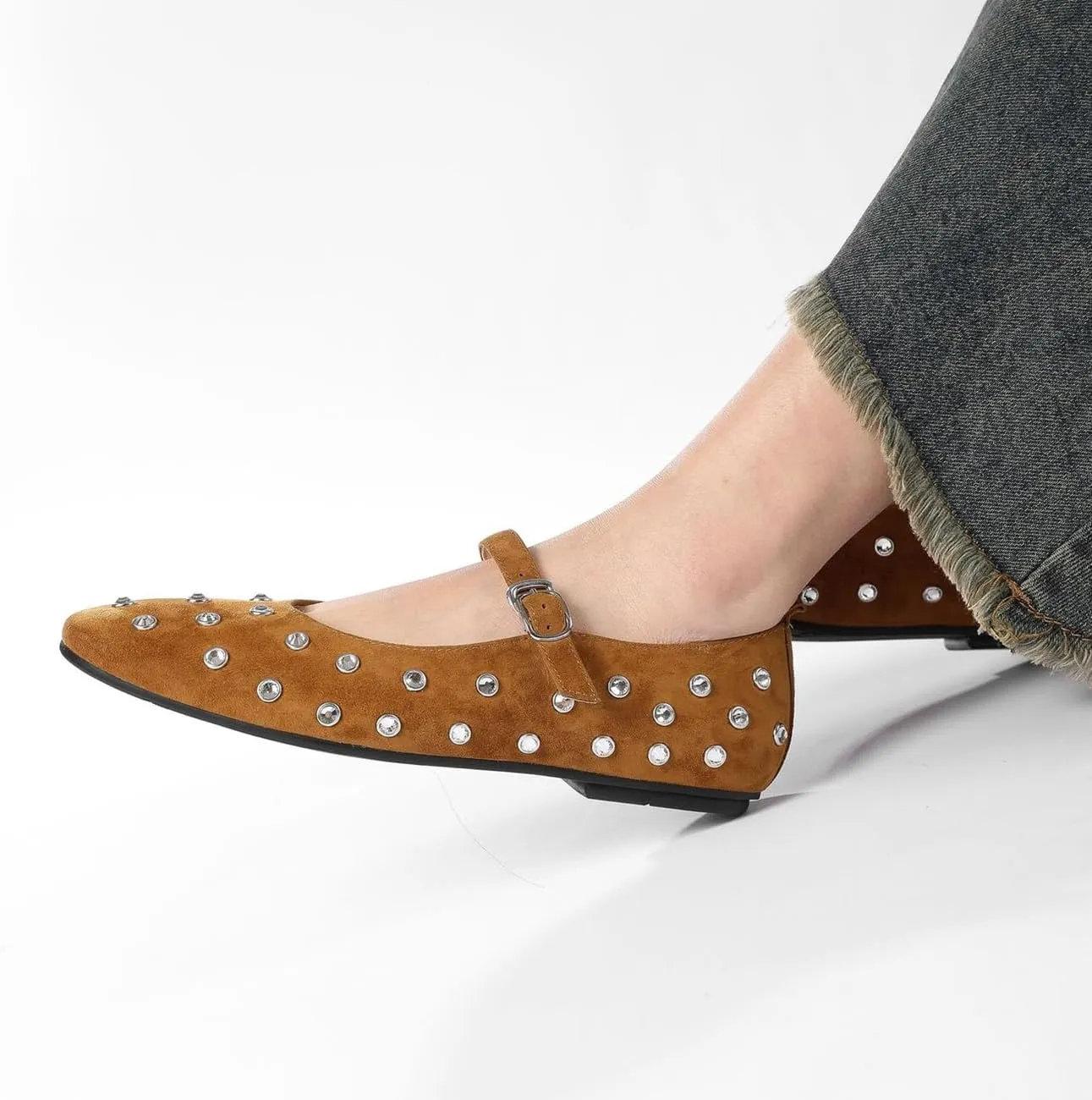 MRKEWUNEY Ballet Flats for Women Rhinestone Rivet Buckled Strap Mary Jane