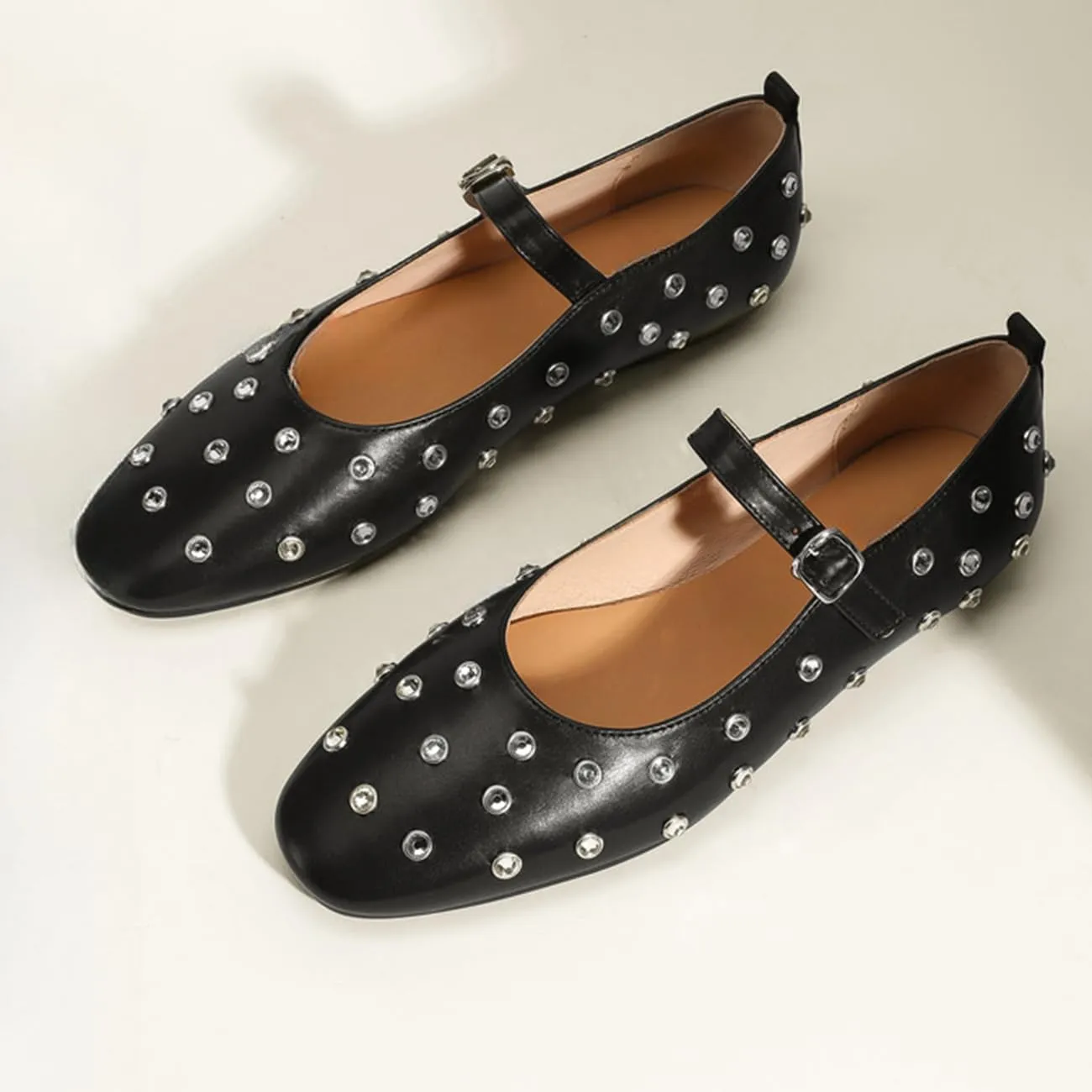 MRKEWUNEY Ballet Flats for Women Rhinestone Rivet Buckled Strap Mary Jane