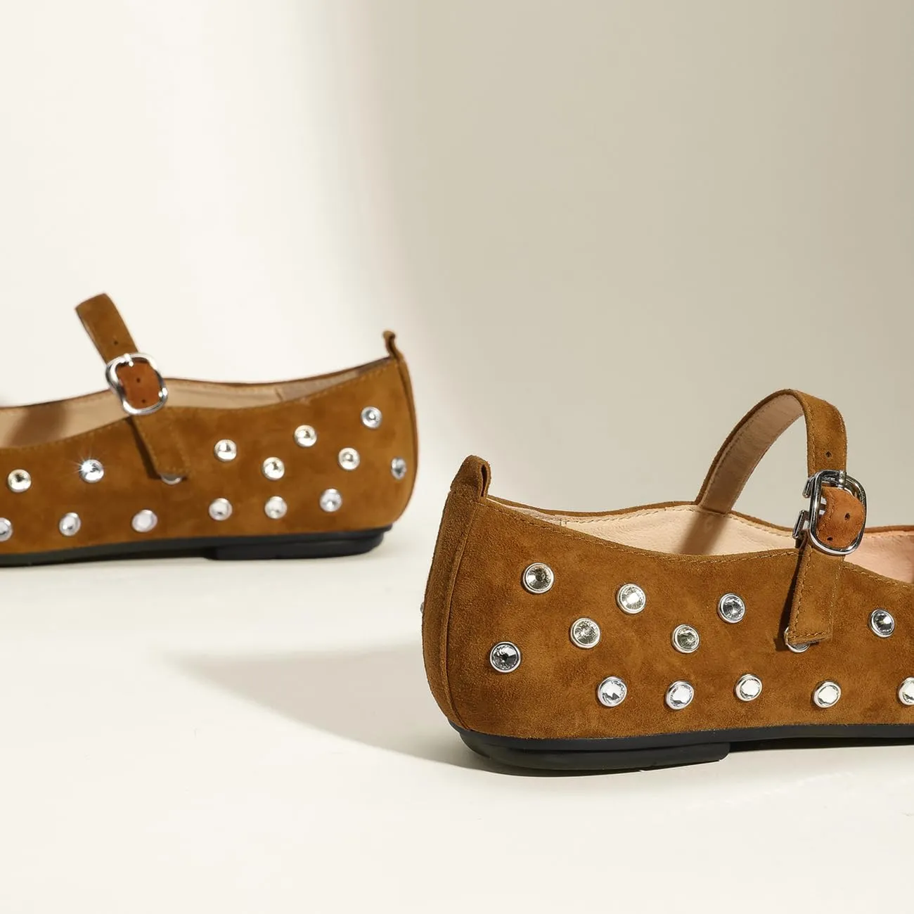 MRKEWUNEY Ballet Flats for Women Rhinestone Rivet Buckled Strap Mary Jane
