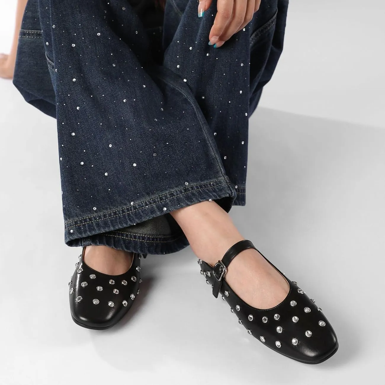 MRKEWUNEY Ballet Flats for Women Rhinestone Rivet Buckled Strap Mary Jane