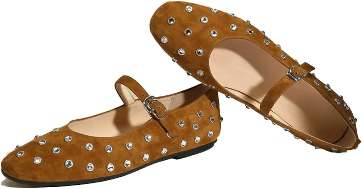 MRKEWUNEY Ballet Flats for Women Rhinestone Rivet Buckled Strap Mary Jane