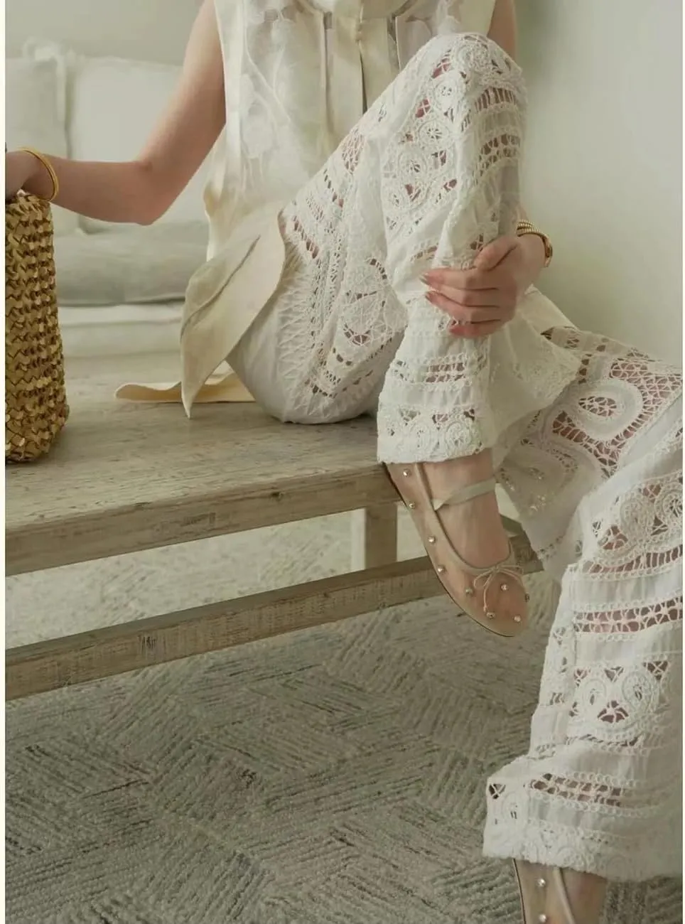 MRKEWUNEY Mesh Ballet Flats for Women Embroidered Floral Mary Jane Flats