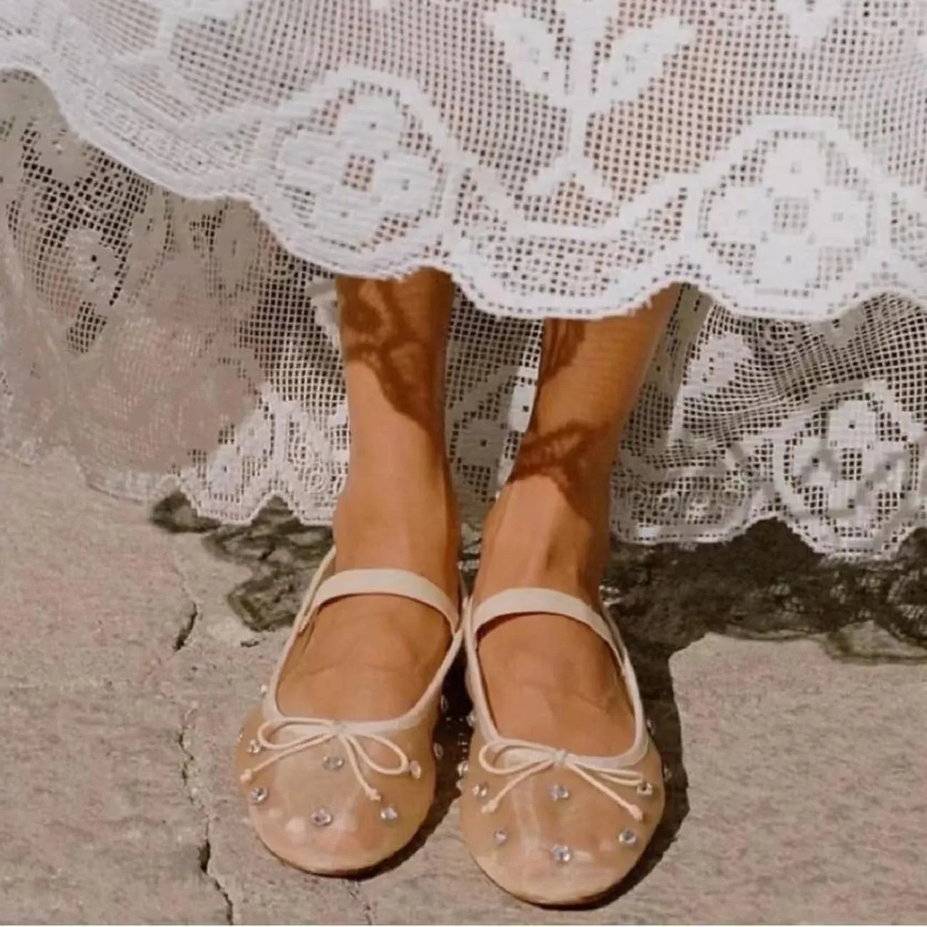 MRKEWUNEY Mesh Ballet Flats for Women Embroidered Floral Mary Jane Flats
