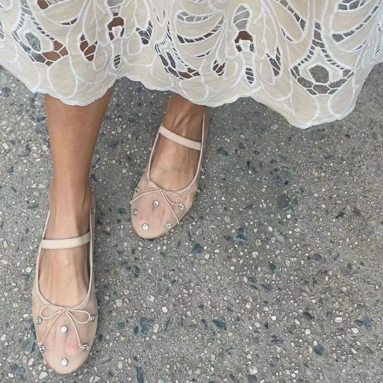 MRKEWUNEY Mesh Ballet Flats for Women Embroidered Floral Mary Jane Flats
