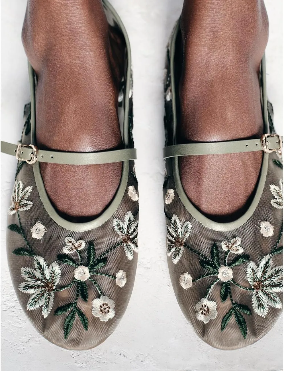 MRKEWUNEY Mesh Ballet Flats for Women Embroidered Floral Round Toe Mary Jane Flats
