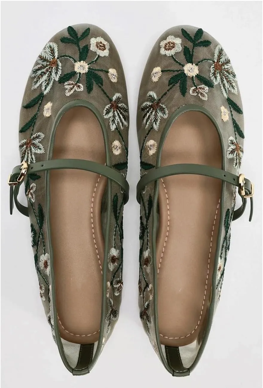 MRKEWUNEY Mesh Ballet Flats for Women Embroidered Floral Round Toe Mary Jane Flats